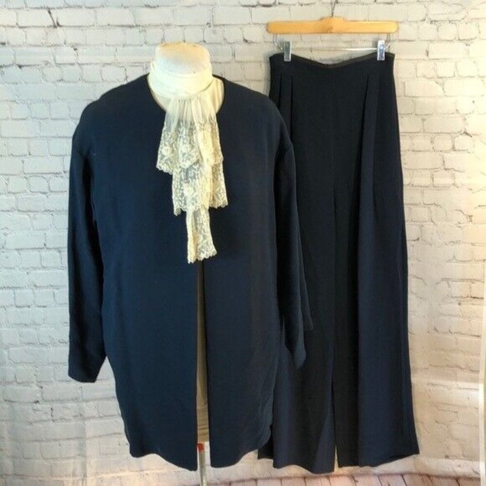 Vintage Ben de Lisi Pant Suit Blue Blazer Wide Leg Trousers Pants Size 8